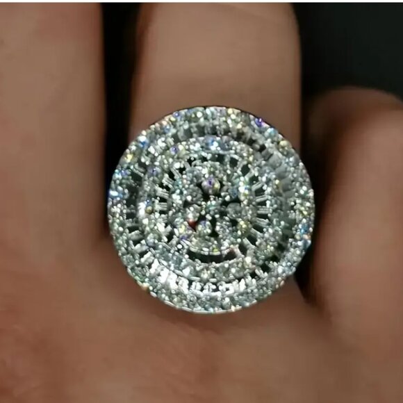 CZ Statement Cocktail Ring – Silver Round Spiral Design – Size 6 and Size 7 - Picture 1 of 8